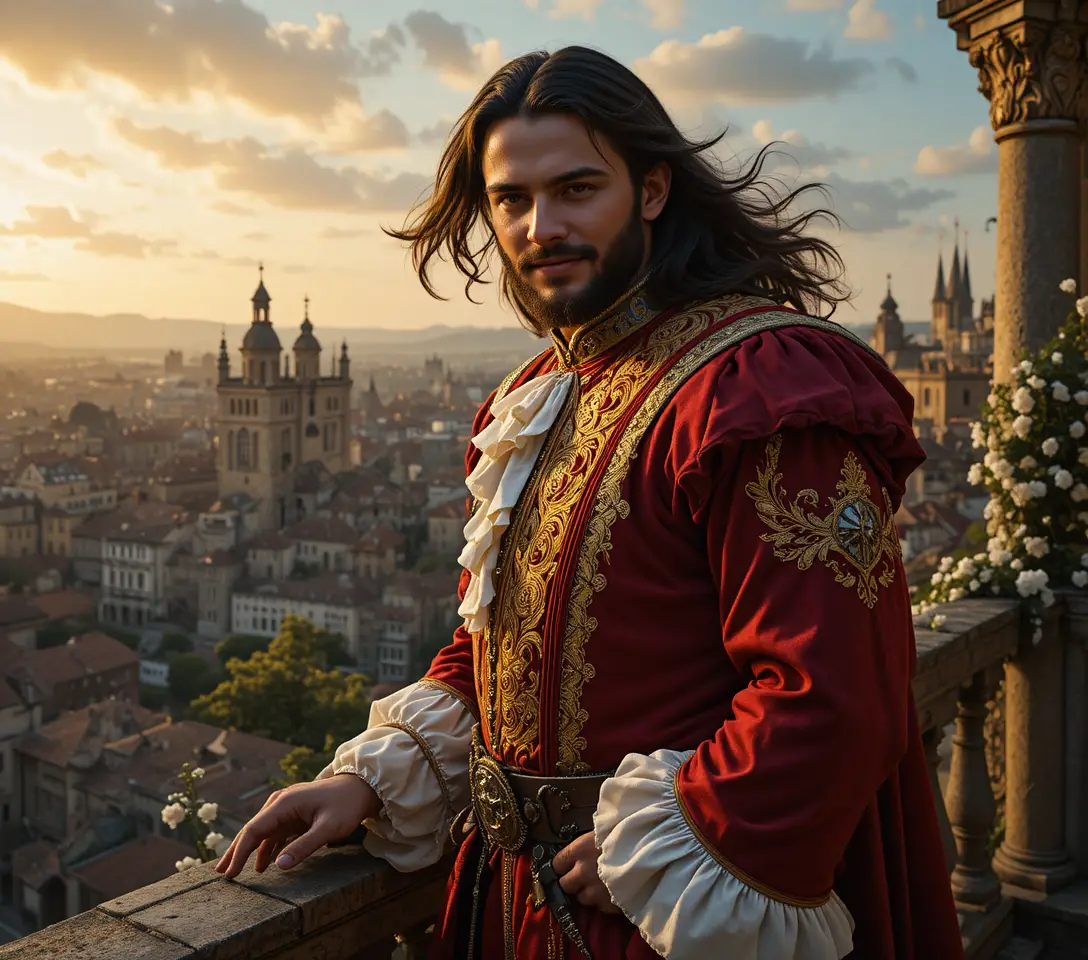 Proud medieval nobleman on balcony at sunset