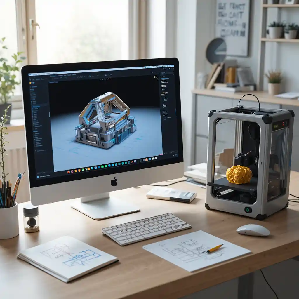 Espacio de trabajo moderno con FreeCAD e impresora 3D de escritorio