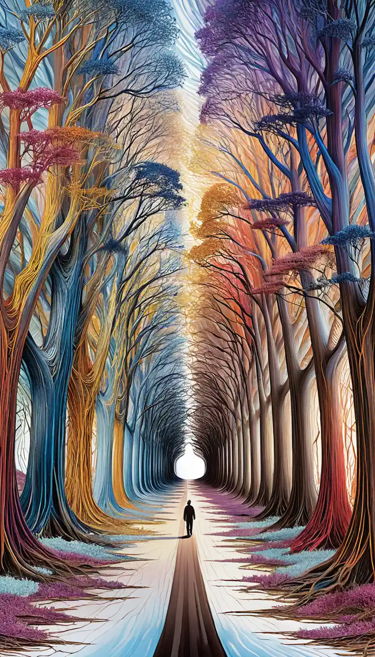 Colorful tree tunnel in radiant one point perspective
