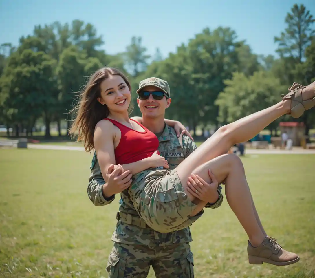 Soldier lifting smiling woman in a sunny park