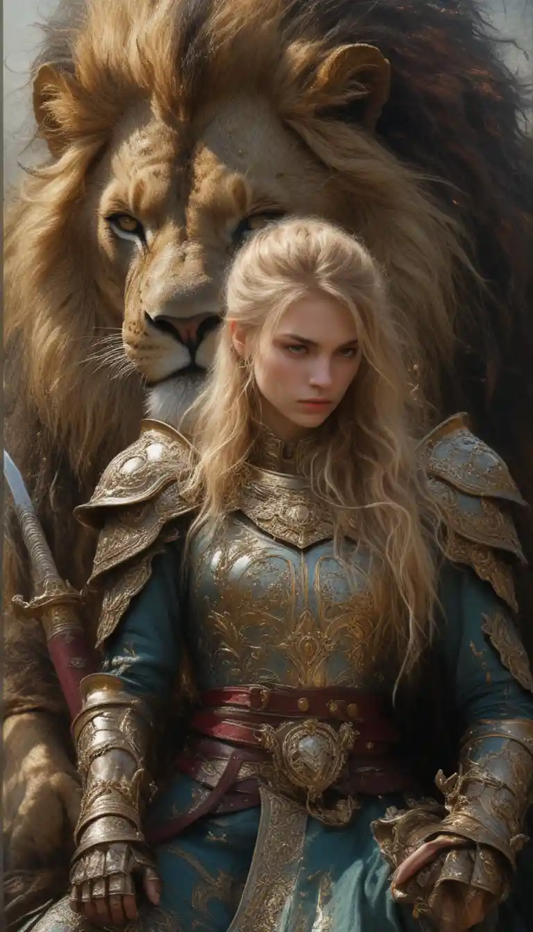 Blonde warrior resting with protective lion in dark fantasy