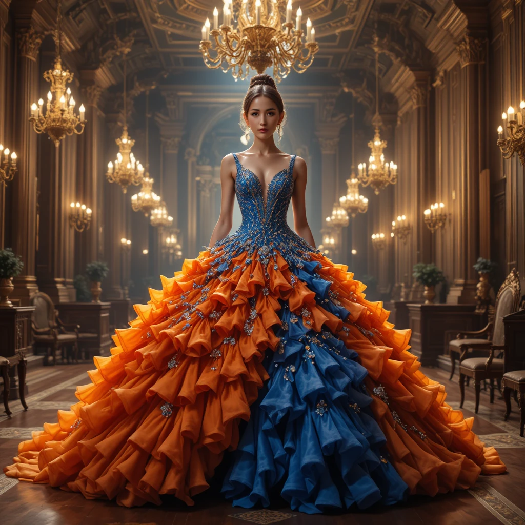 Woman in orange and blue gown in grand palace hall