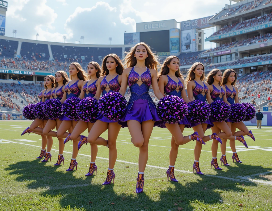 Cheerleading team in gold and purple on sunny stadium field