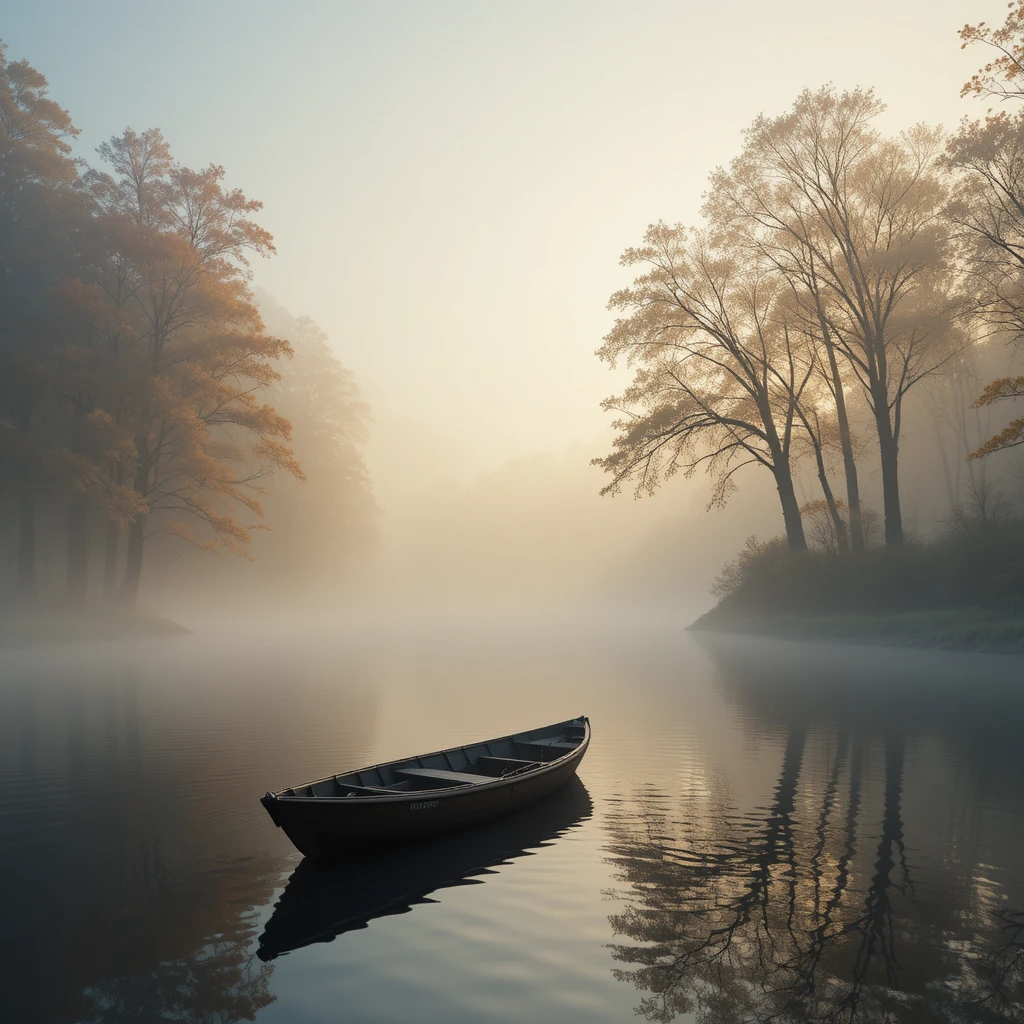 Pequeño bote de madera en un río brumoso al amanecer