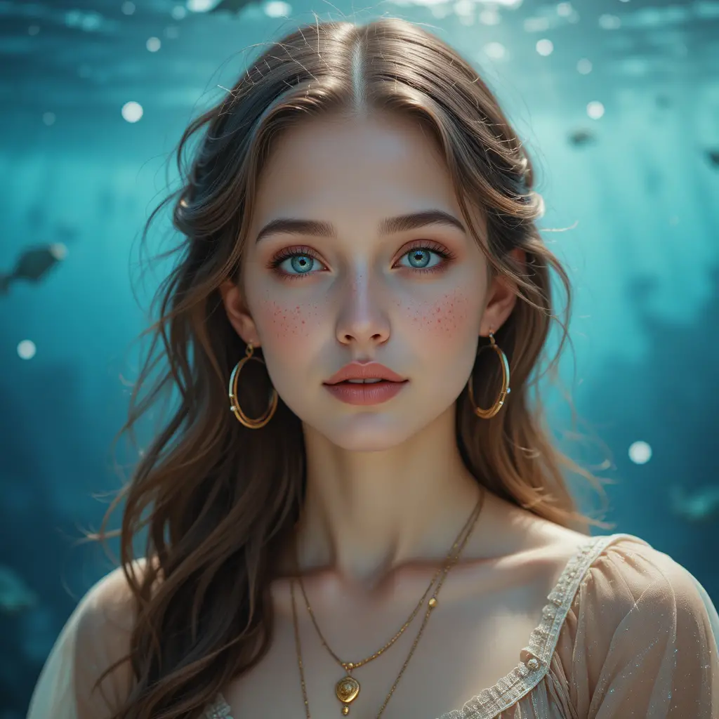 Young woman portrait with blue eyes and gold jewelry
