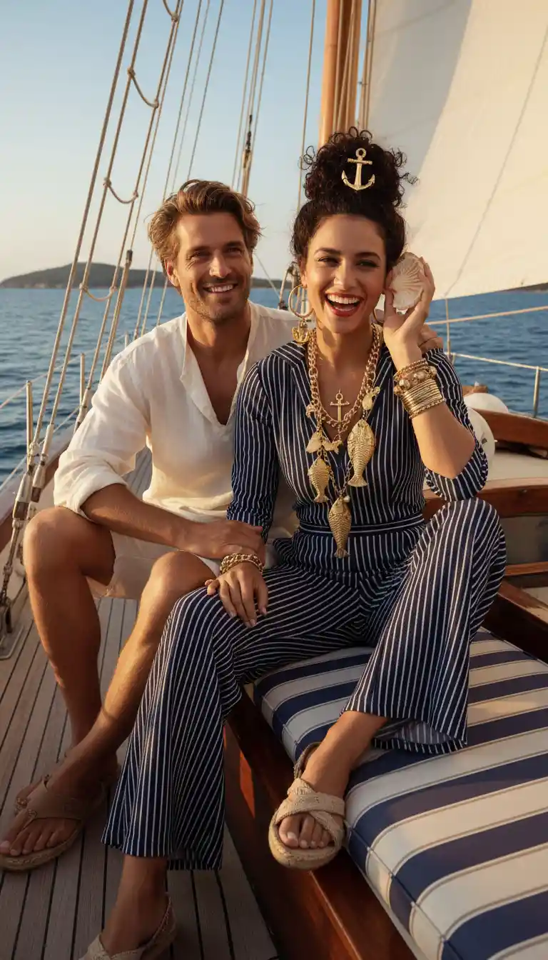 Stylish sailor couple relaxing together on a sailboat