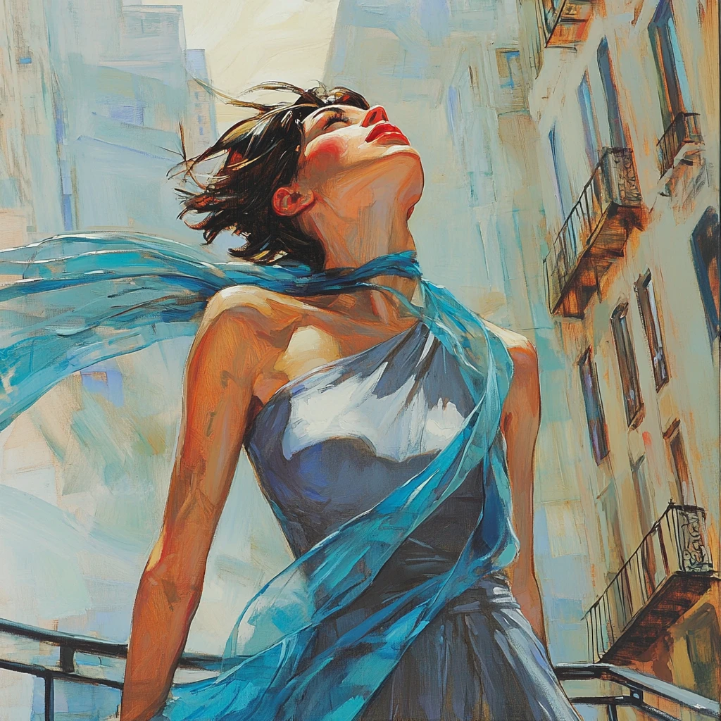 Tall woman in flowing dress looking up from a balcony