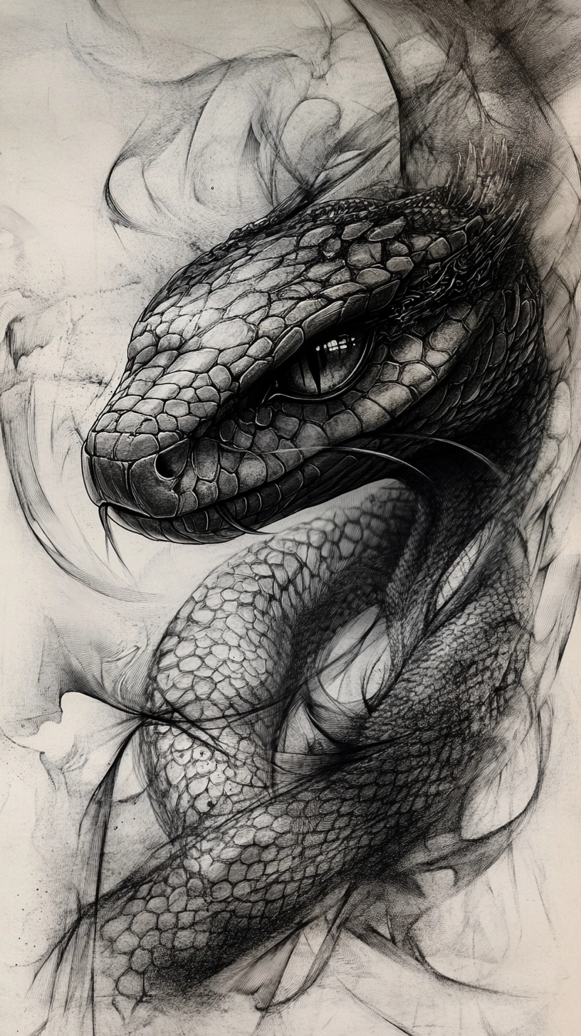 Surreal charcoal serpent portrait with enigmatic hypnotic gaze