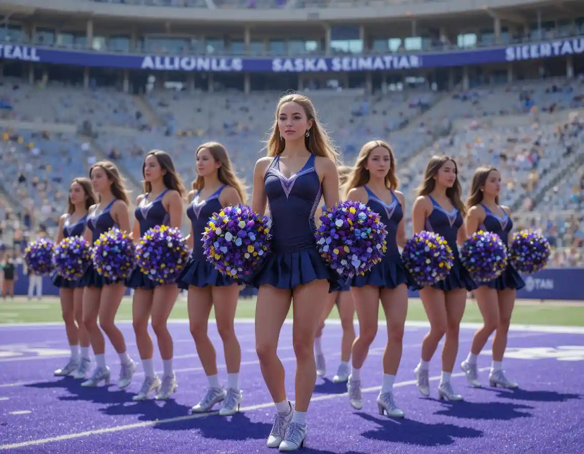 Cheerleader-Team führt Routine auf sonnigem Stadionfeld auf