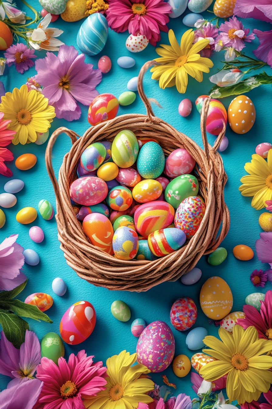 Fröhlicher Osterkorb mit Süßigkeiten und bunt gefärbten Eiern