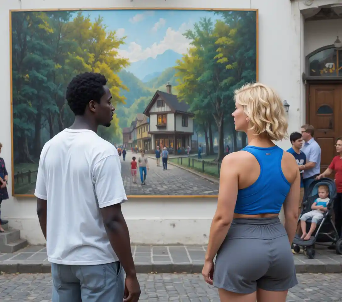 Men viewing a colorful forest painting on a busy city street