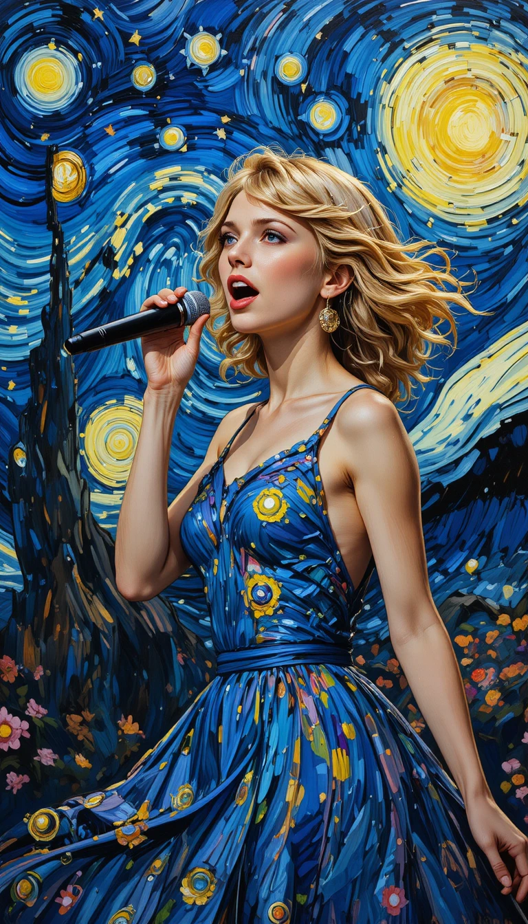 Woman singing on stage under a swirling starry sky