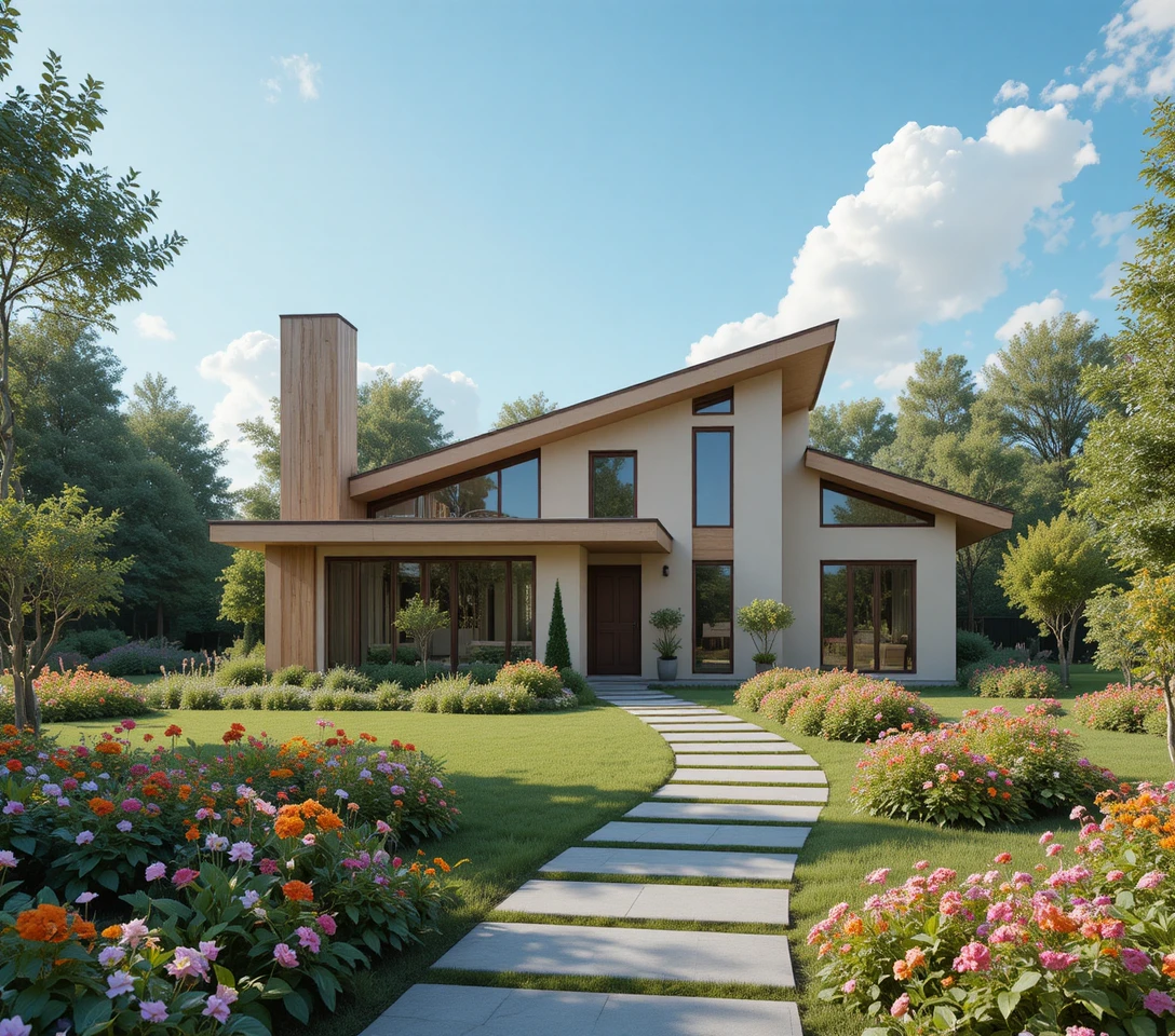 Modern beige house with garden under blue sky