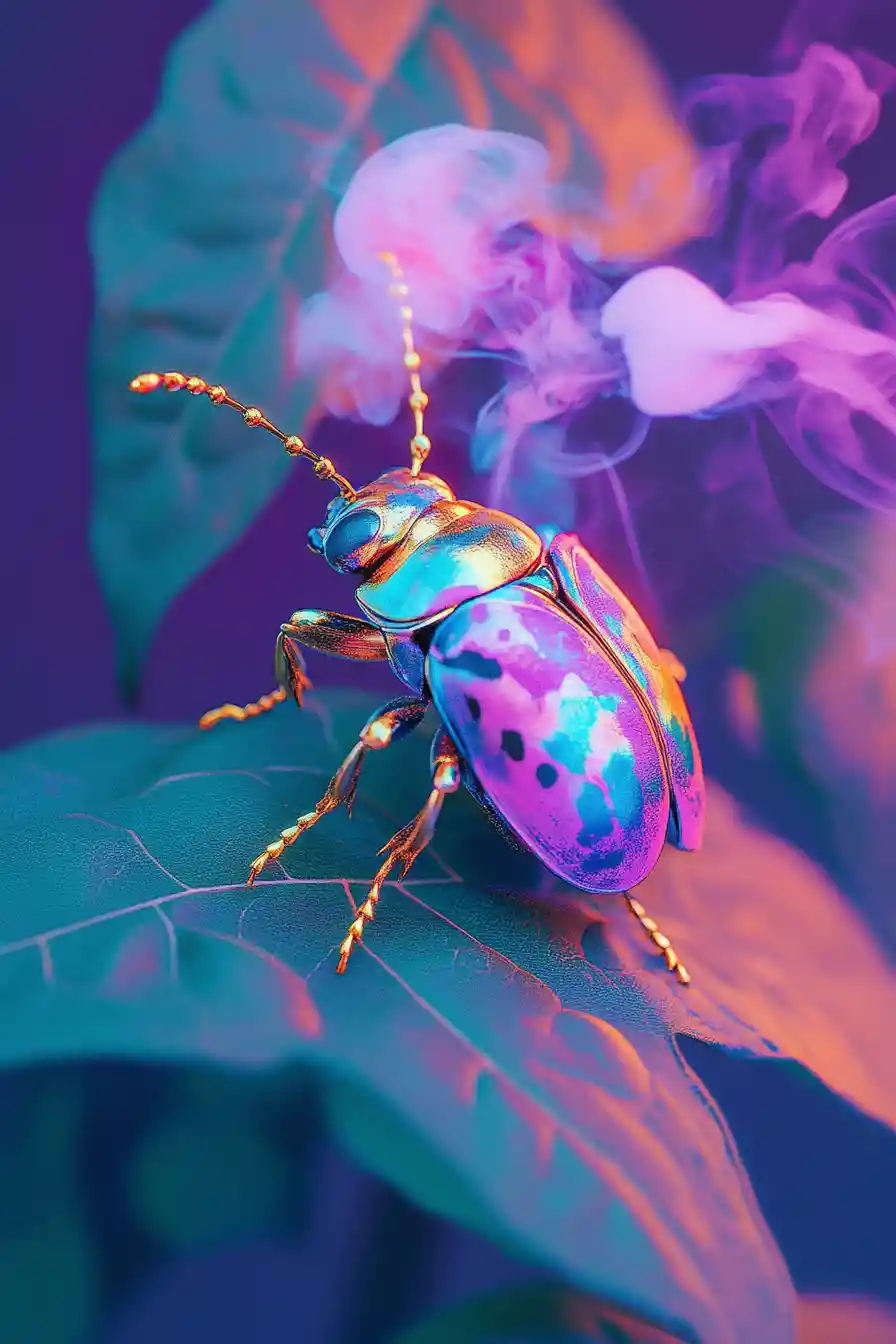 Colorful smoke ladybug on purple textured background