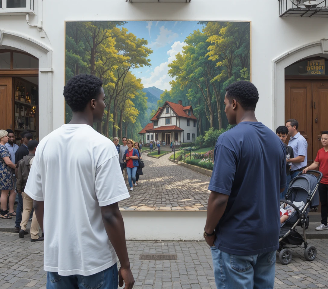 Dos hombres mirando una colorida pintura de un bosque en una calle de la ciudad