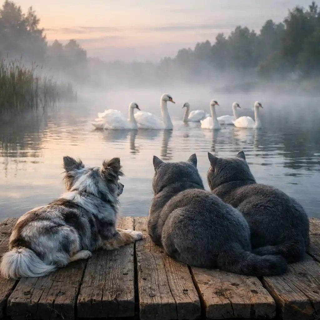 Chihuahua e gatti che riposano su un molo sul lago all'alba