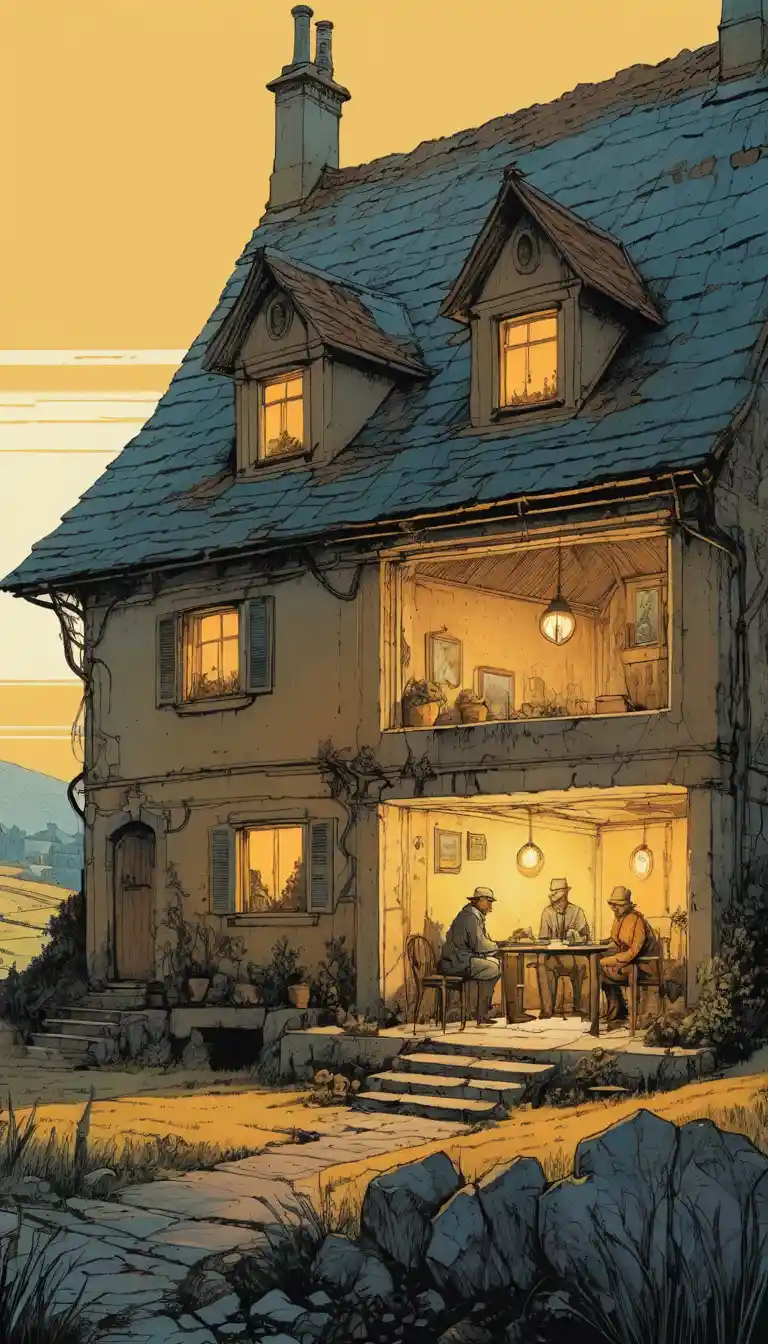 Cottage fantasy rurale alla finestra sotto una luce di lampada soffusa