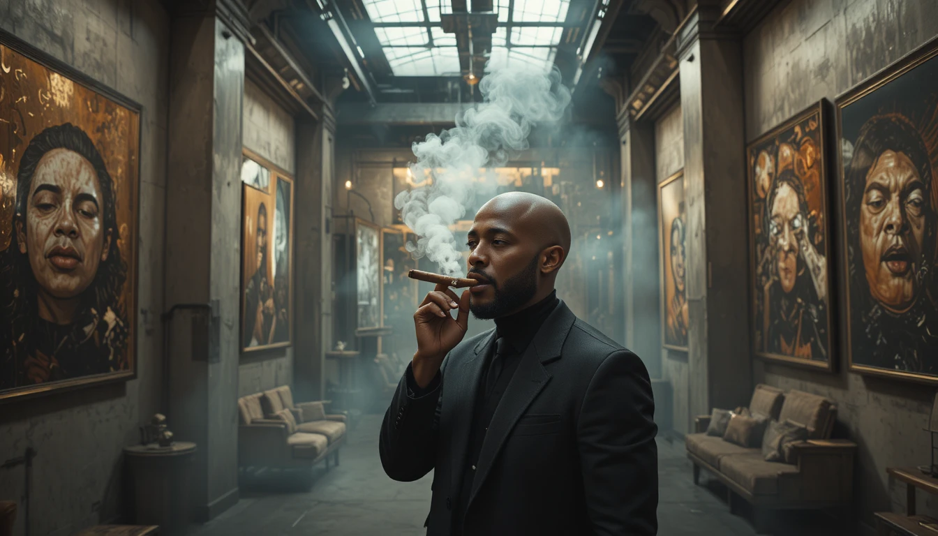 Confident bald man smoking a cigar in industrial luxury interior