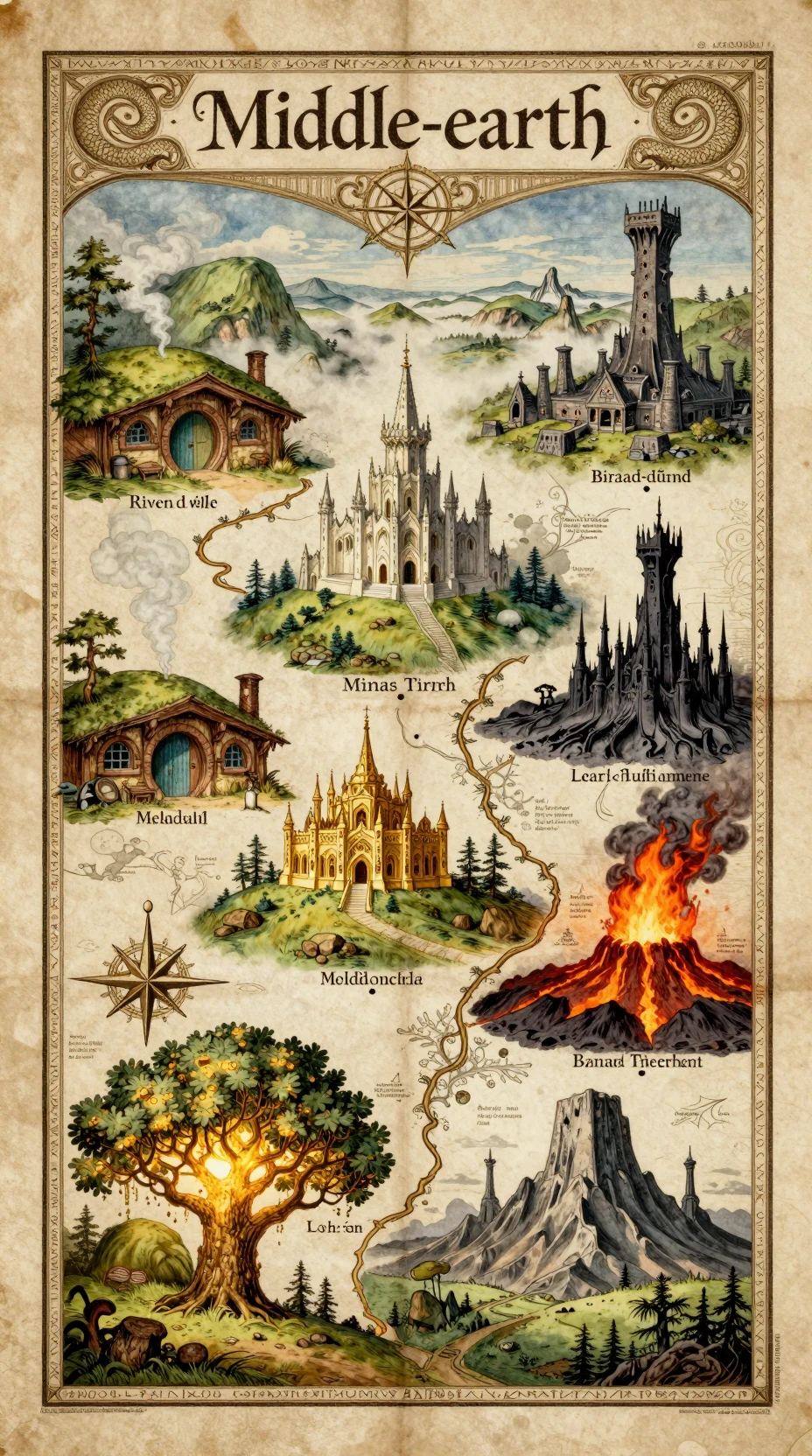 Vintage hand drawn fantasy map on aged parchment