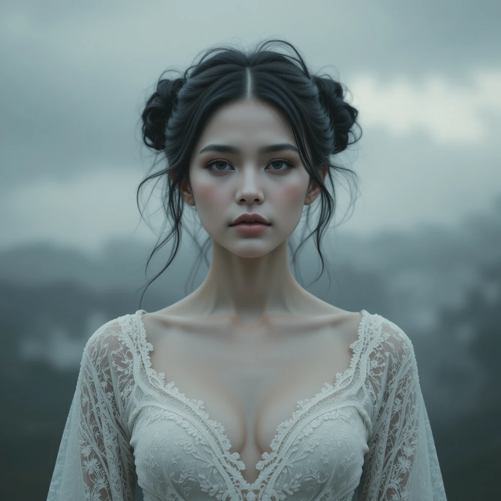 Woman in white lace dress under moody overcast sky