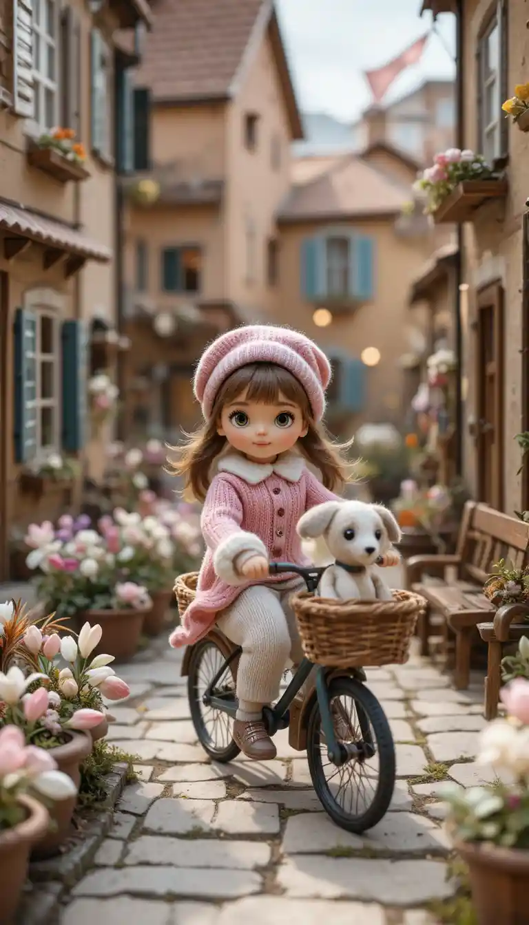 Girl cycling through a cozy handmade European toy town