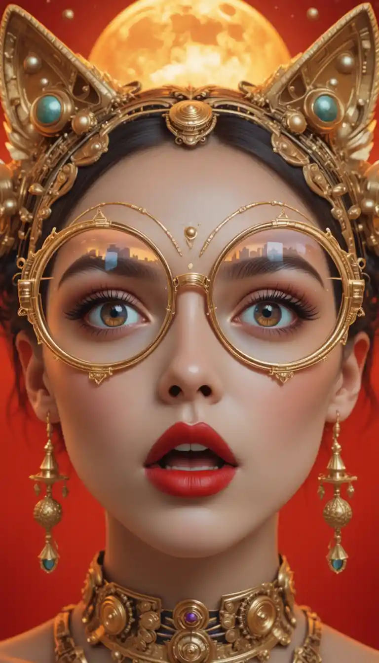 Surprised young woman in golden steampunk cat headgear