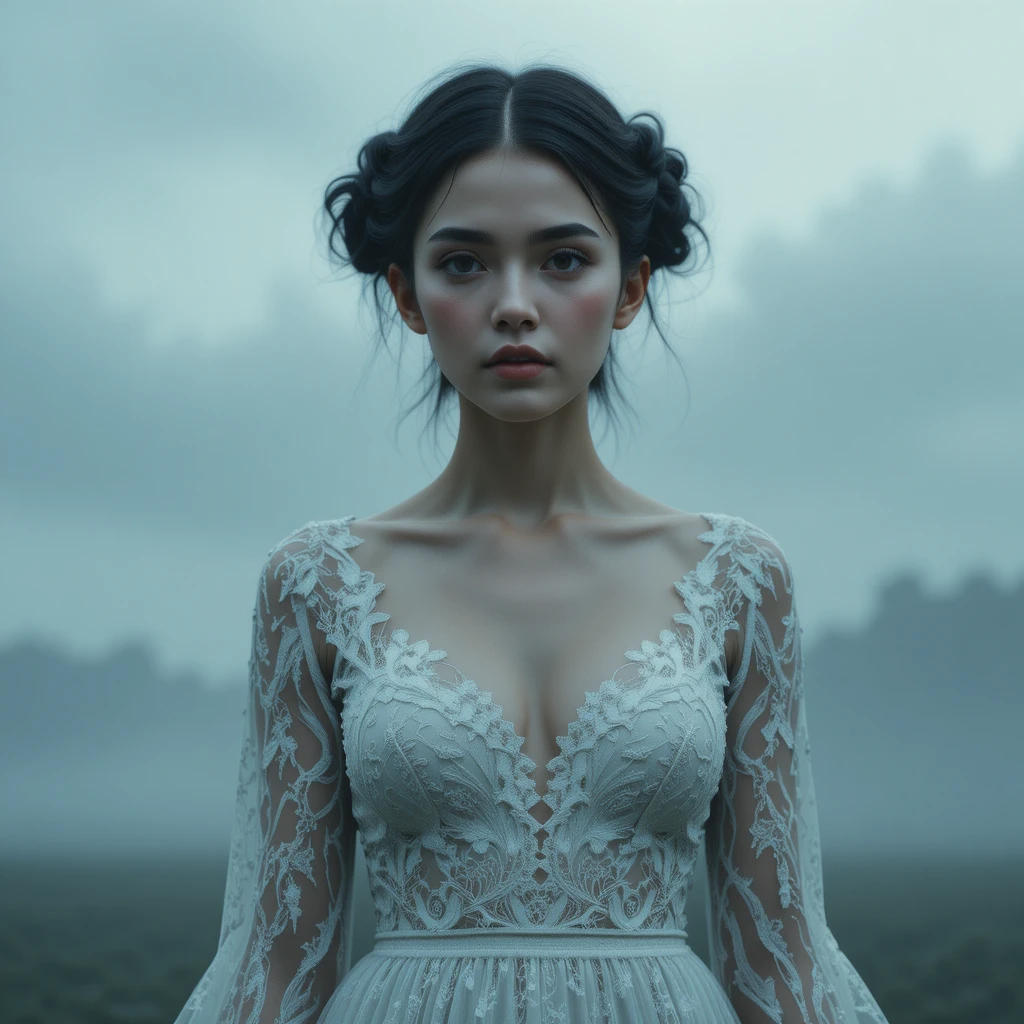 Woman in white lace before a moody overcast sky