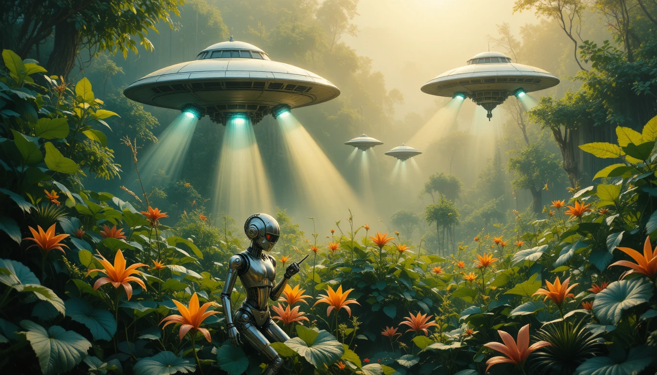 Robots futuristas cuidando plantas brillantes en un jardín sereno