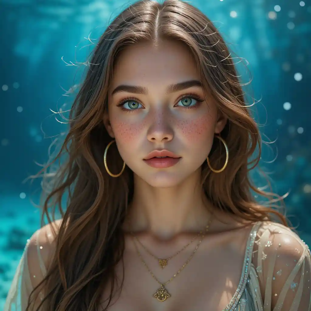 Retrato de mujer joven con ojos azules y joyería dorada
