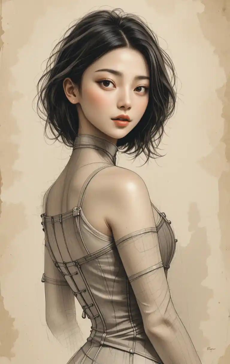 Sepia portrait drawing of young woman in victorian corset