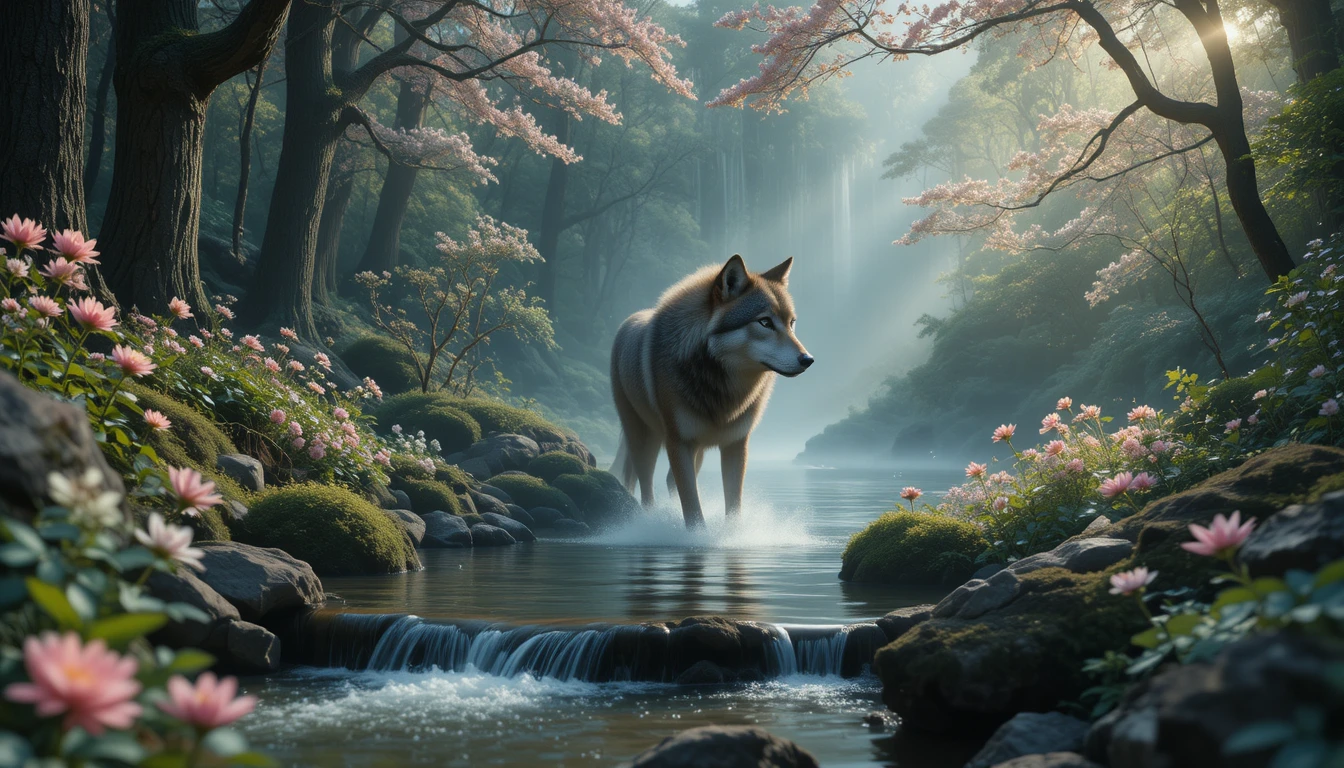 Wolf Emerging From Forest With Waterfall And Flowers