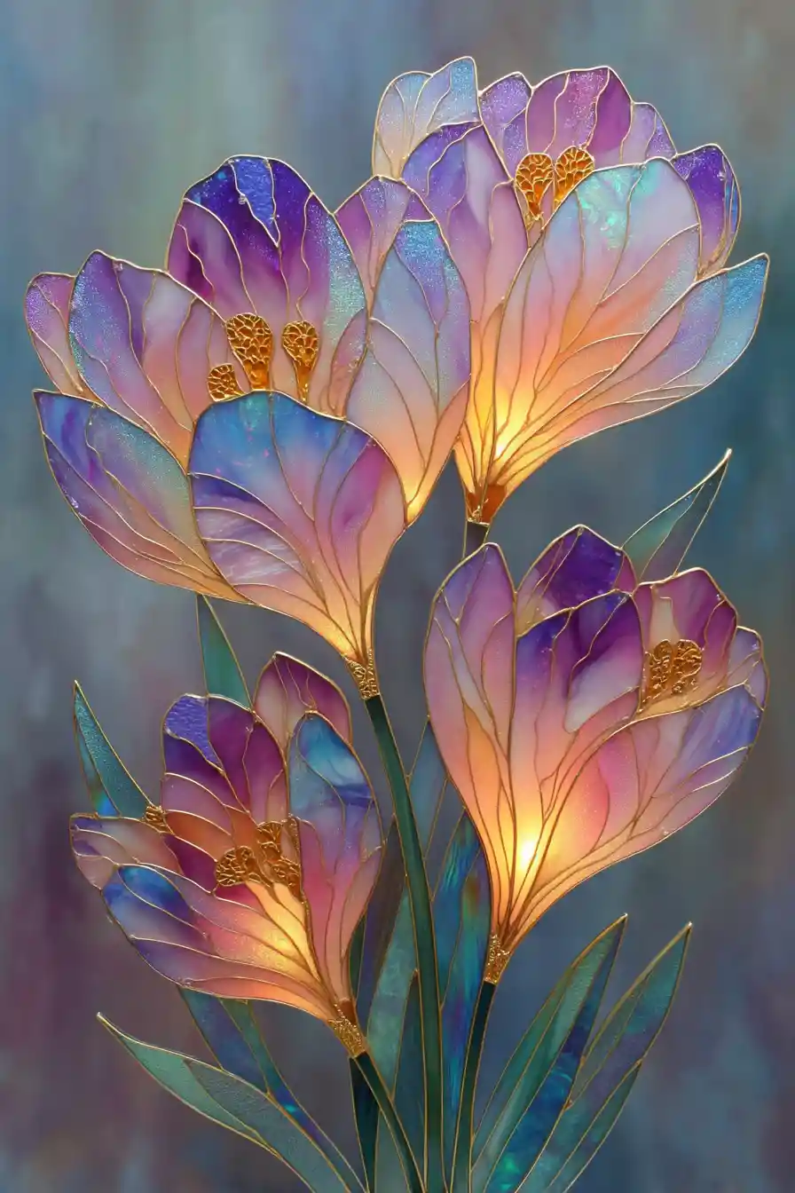 Stained glass crocus flower with glowing golden details