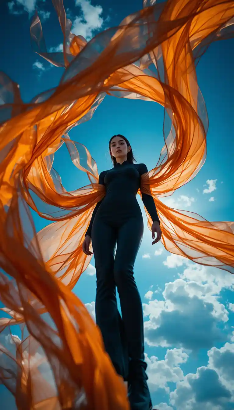 Low angle fashion portrait with flowing orange fabric