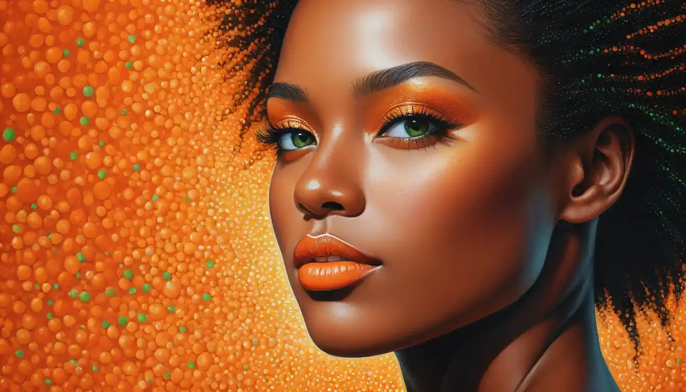 Elegante mulher negra em pontilhismo luminoso em laranja e verde