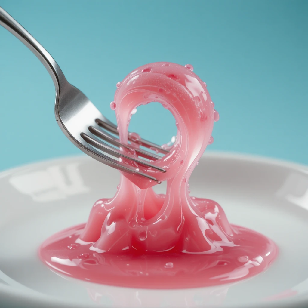 Tenedor persiguiendo gelatina rosa tambaleante en un plato blanco limpio
