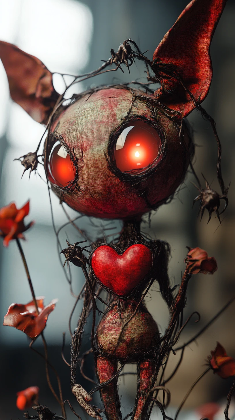 Peluche de duende surreal disolviéndose en fantasía oscura abstracta