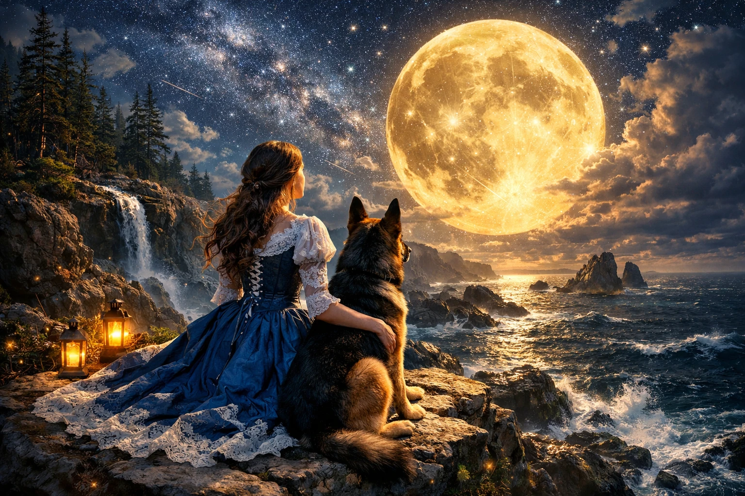 Victorian woman with dog under a vast moonlit sky
