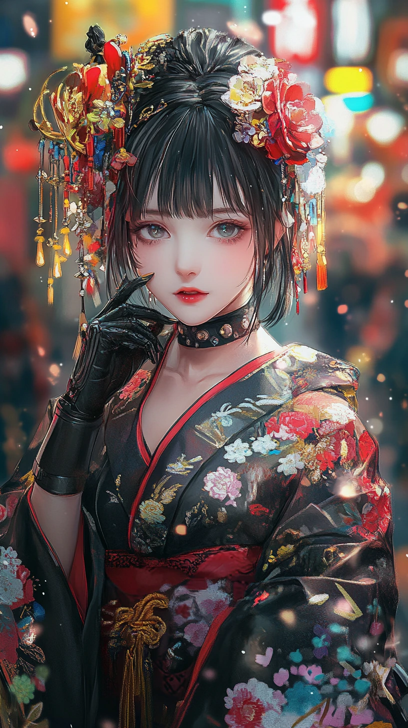 Shy anime heroine in kimono on neon Japanese street