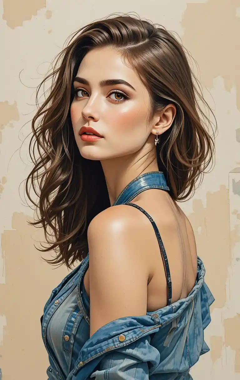 Sensual bust portrait of young woman in open denim shirt
