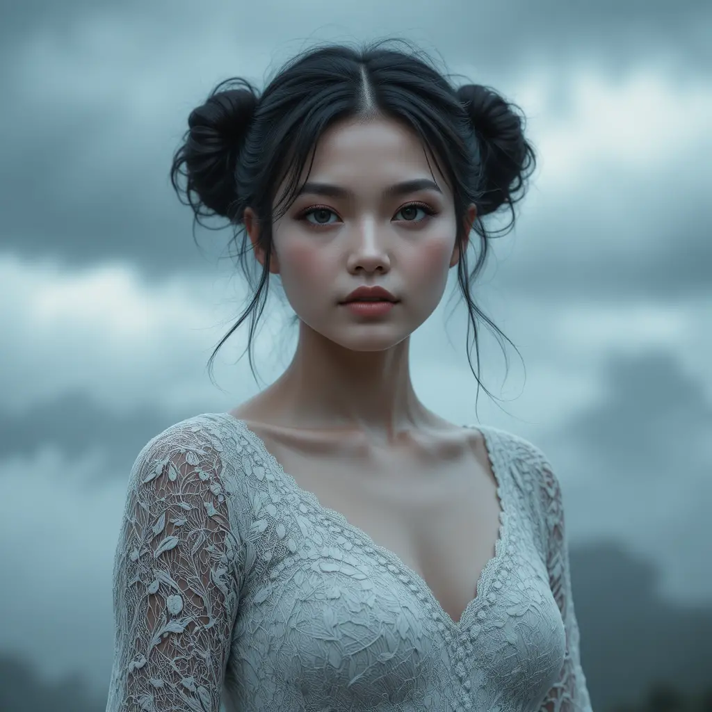 Woman in white lace beneath a moody gray sky