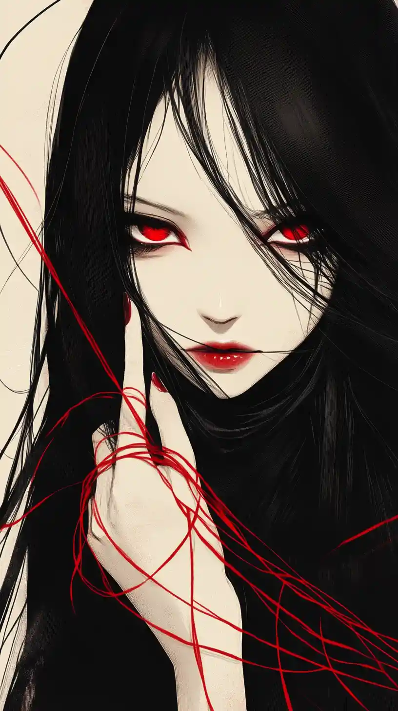 Ragazza anime dagli occhi cremisi che tiene un delicato filo rosso