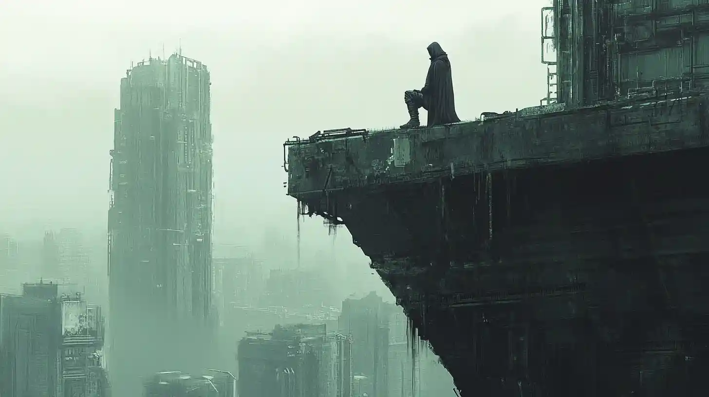 Masked vigilante overlooking a sprawling industrial cityscape