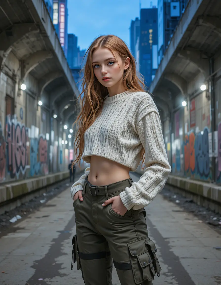 Teen fashion portrait under a concrete city bridge