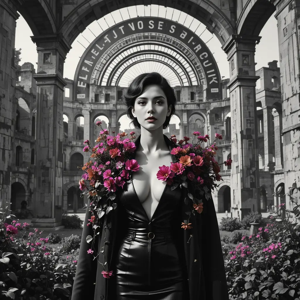 Surreal woman portrait in ruins with vivid floral collage
