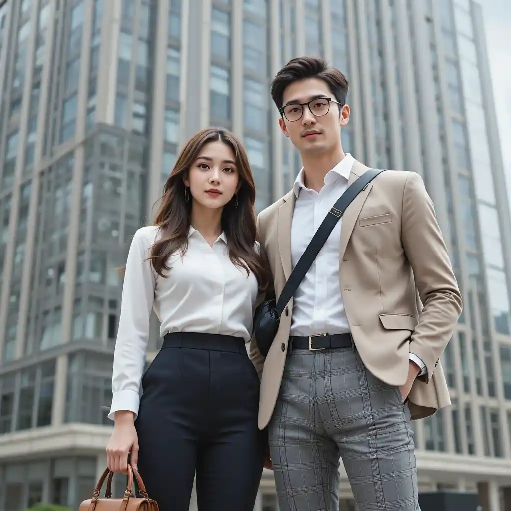 현대식 오피스 빌딩 앞에 서 있는 스타일리시한 커플