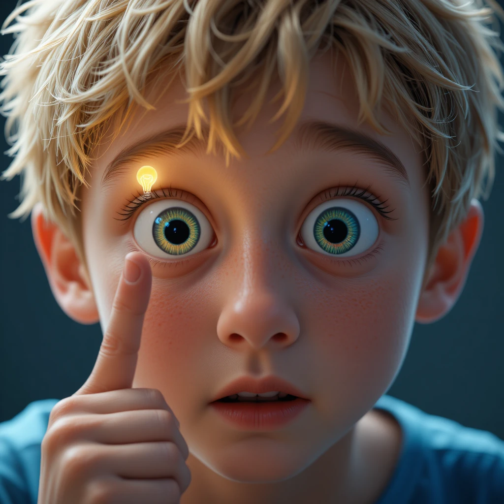 Niño emocionado en primer plano con momento de idea luminosa