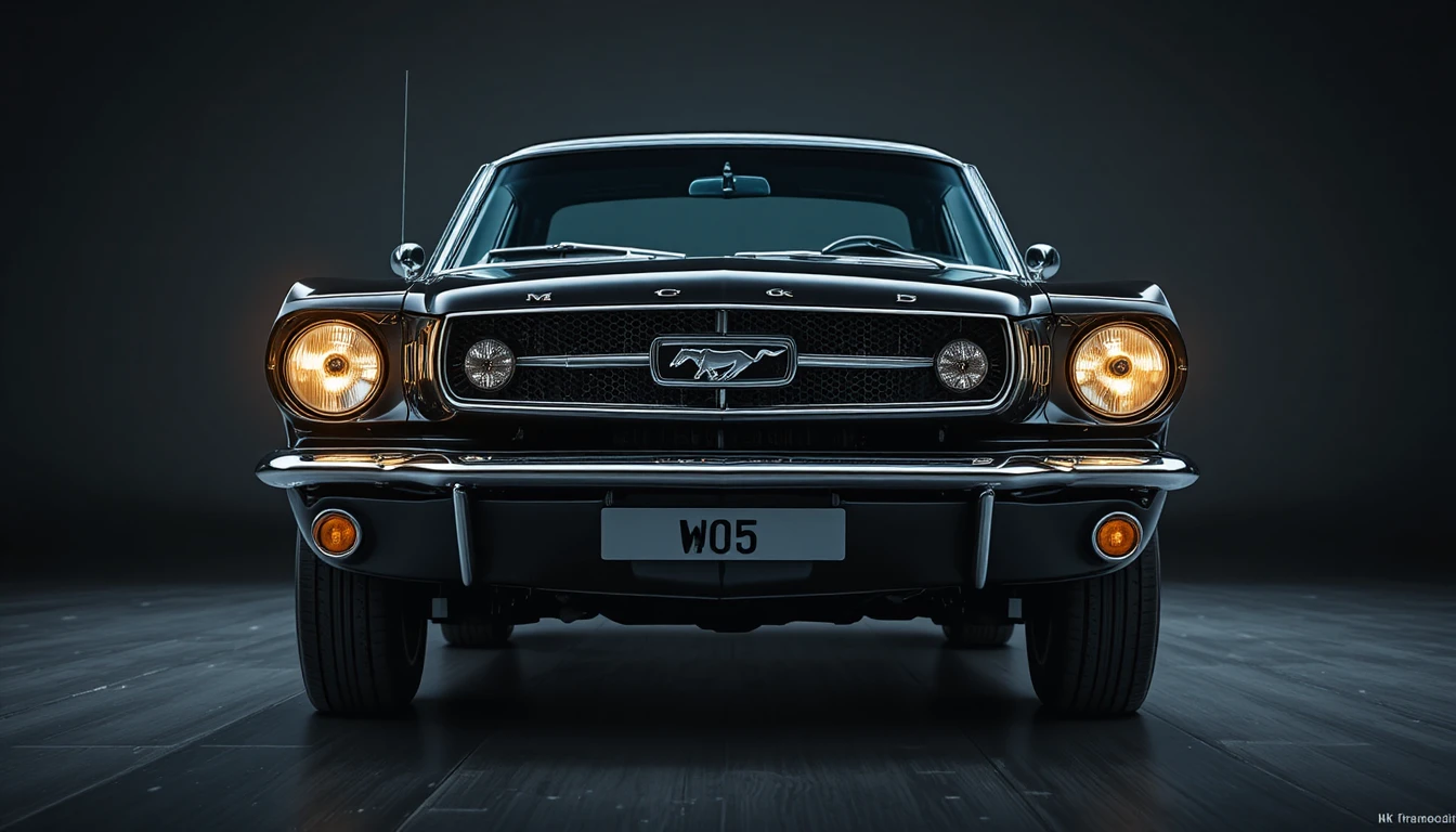 Klassischer Ford Mustang von 1965 rast auf die Kamera zu
