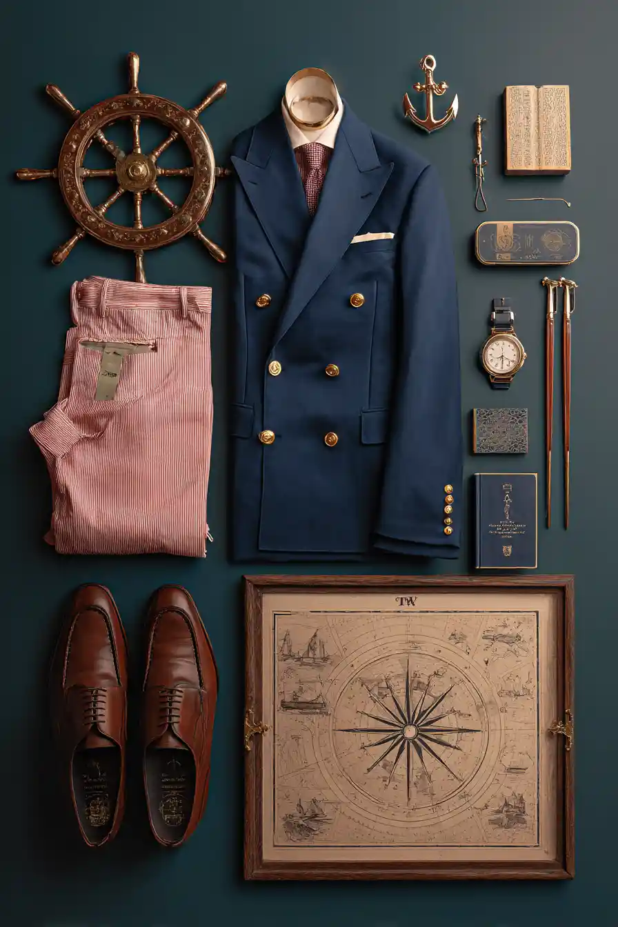 Flatlay mit einem marineblauen Blazer, rot gestreiften Hosen, braunen Schuhen und Accessoires im maritimen Stil.