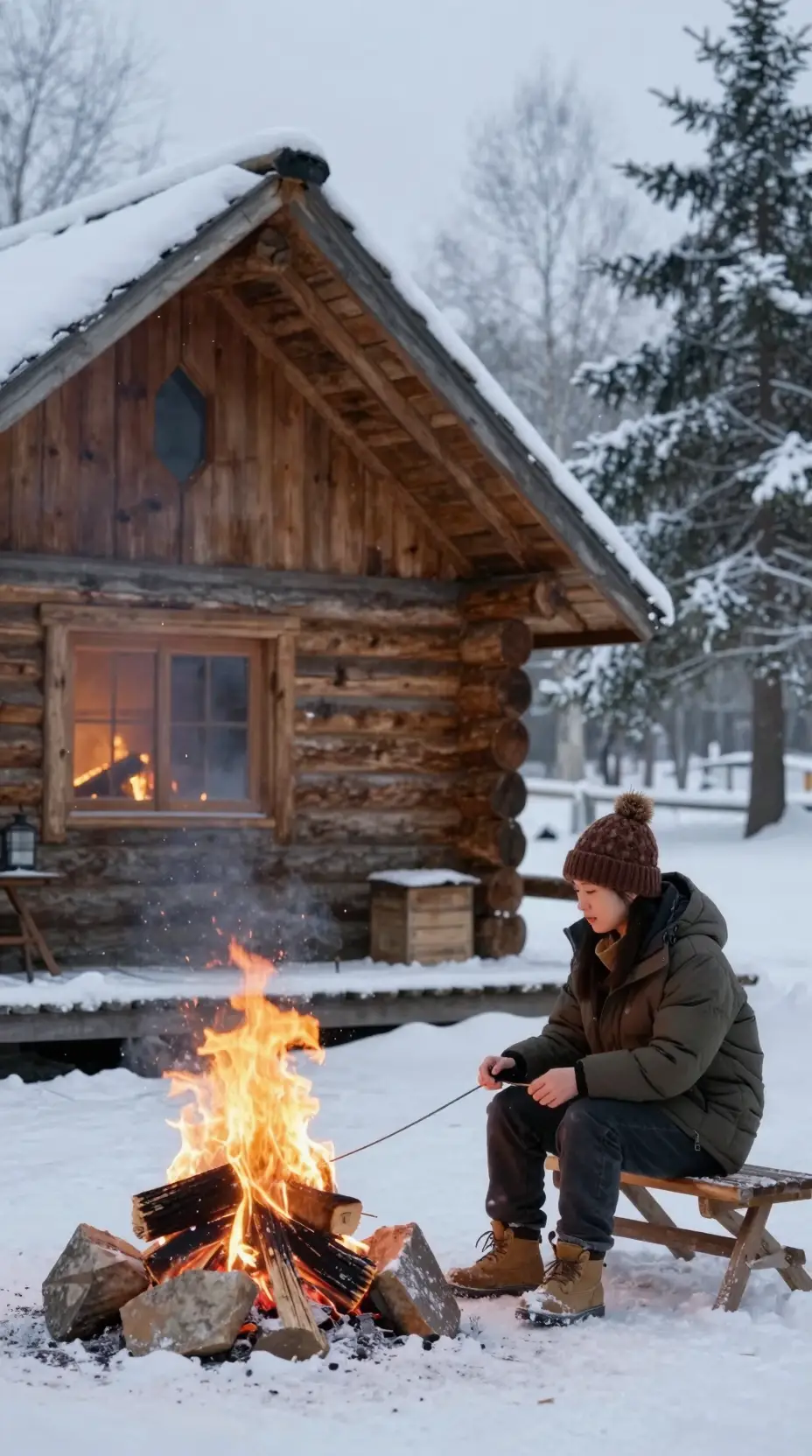 Cozy wooden cabin interior with snow outside and warm fire