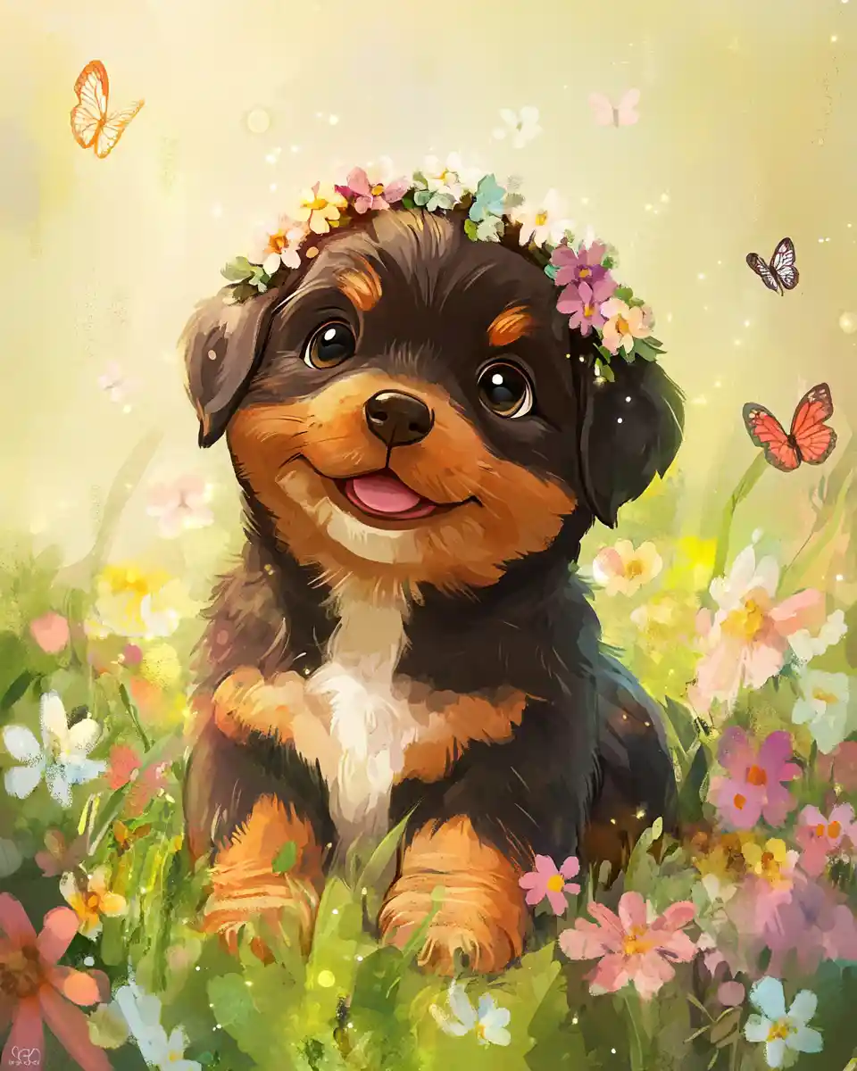 Whimsical watercolor puppy in a sunny wildflower meadow